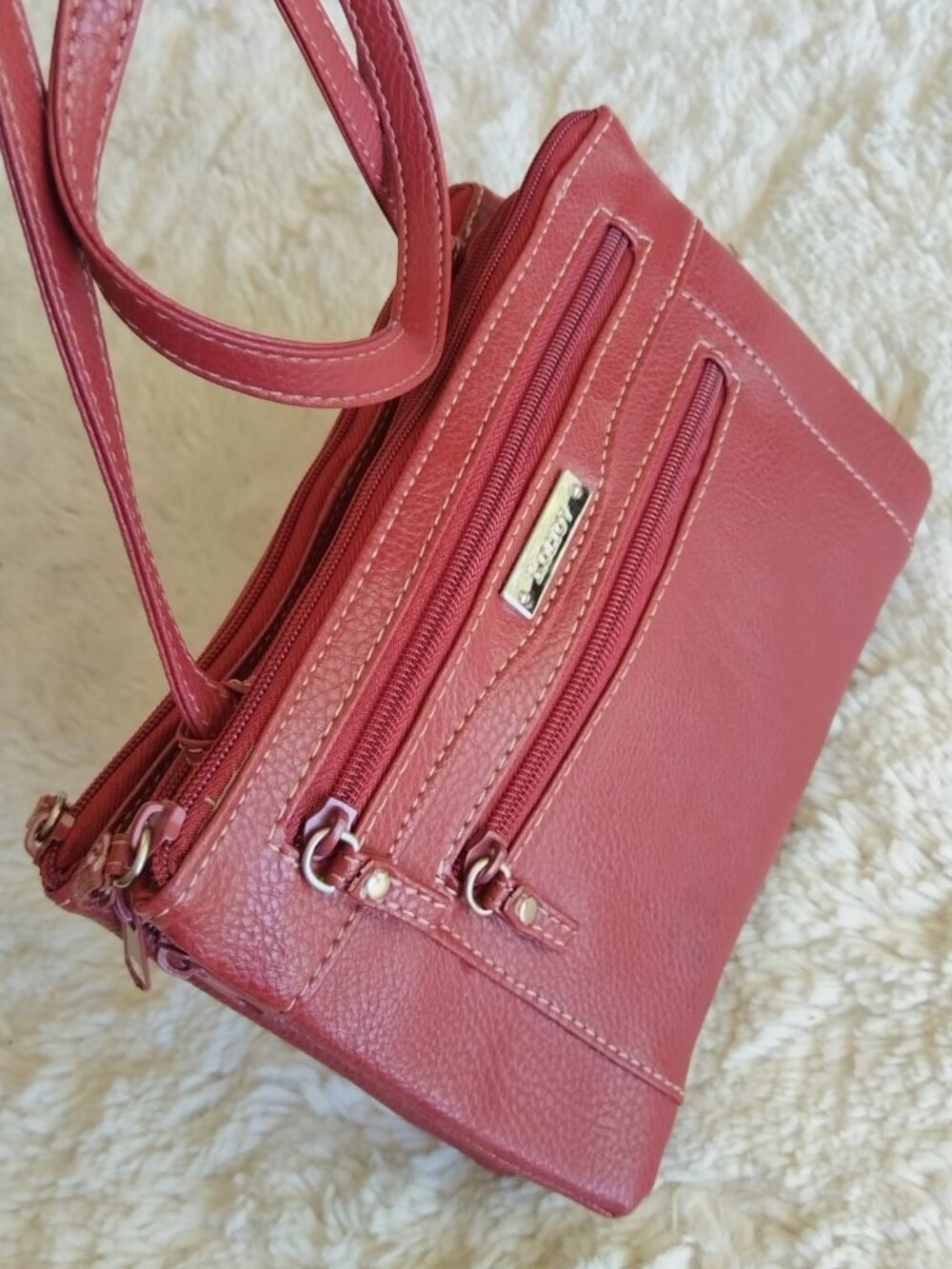 KOLTOV Burgundy Red Leather Crossbody Bag Small Multi Zipper Purse